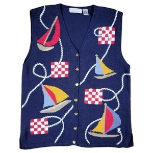 Portraits Northern Isles Sweater Vest‎ Womens Large Navy Sailboats Nautical Knit